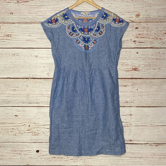 Boden Fleur Embroidered Linen Dress in Gray Blue Chambray Sz 6 - Picture 6 of 14